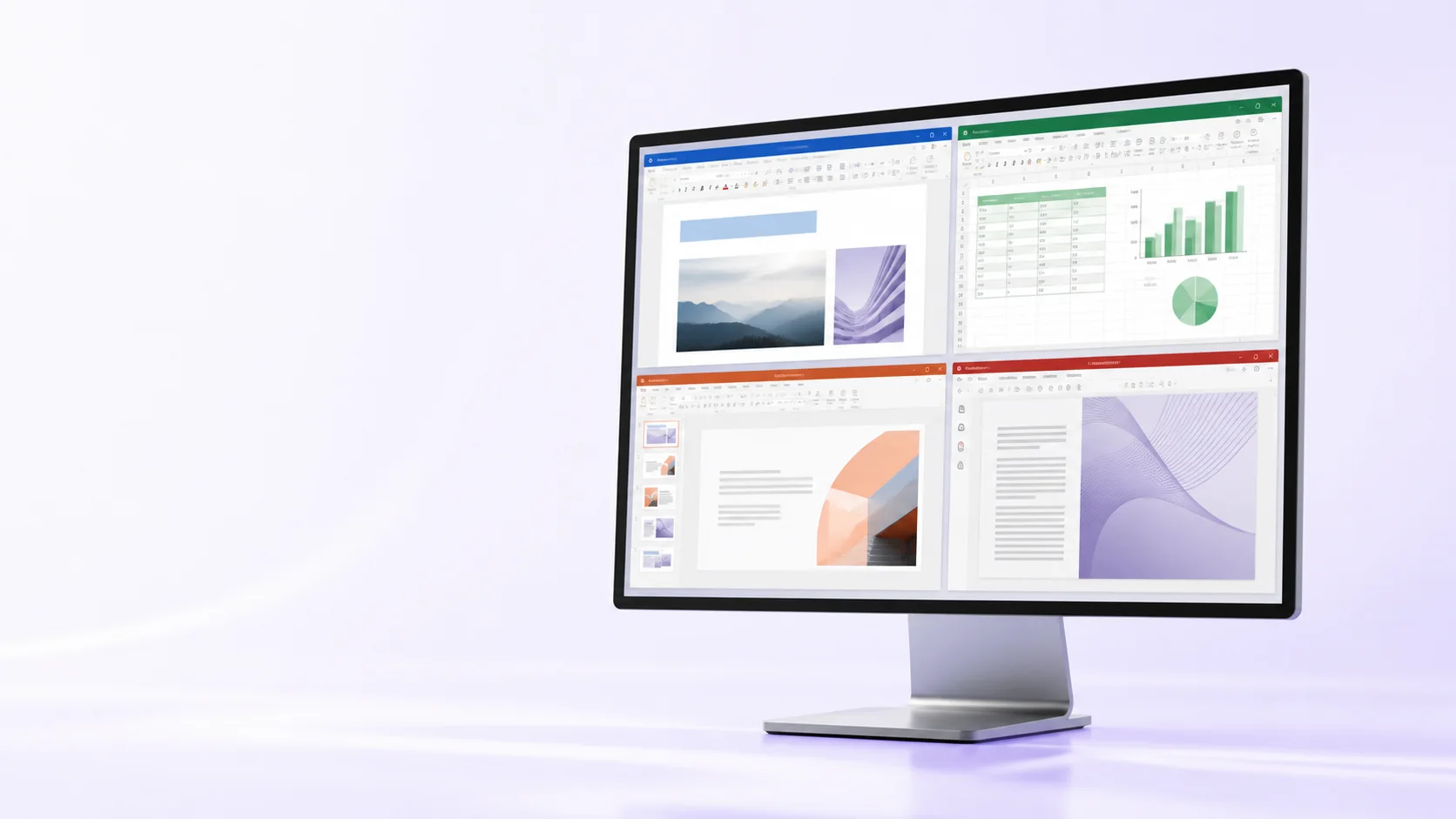 Desktop computer showing documents, spreadsheets, presentations, and PDF files